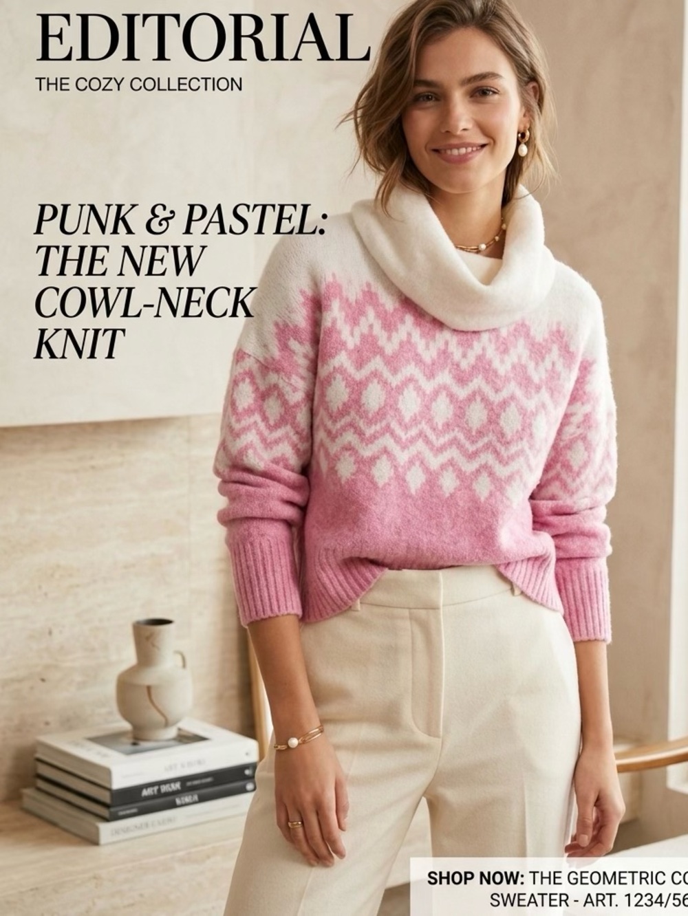 Jessica Simpson Pink & Cream Fair Isle Cowl Turtleneck Sweater